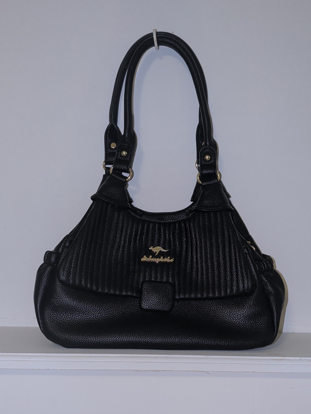 Black Textured Shoulder Bag with Gold Accent Hardware